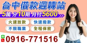 台中借款,急需資金週轉?我們提供最快速的解決方案!無需繁瑣手續,無需保人,只要您有穩定工作,就能輕鬆申辦借款!【快速撥款|輕鬆週轉】為您提供最高 30 萬額度,全程快速審核,當天撥款、當天入帳,絕不拖延您的時間,讓資金需求即時得到滿足。