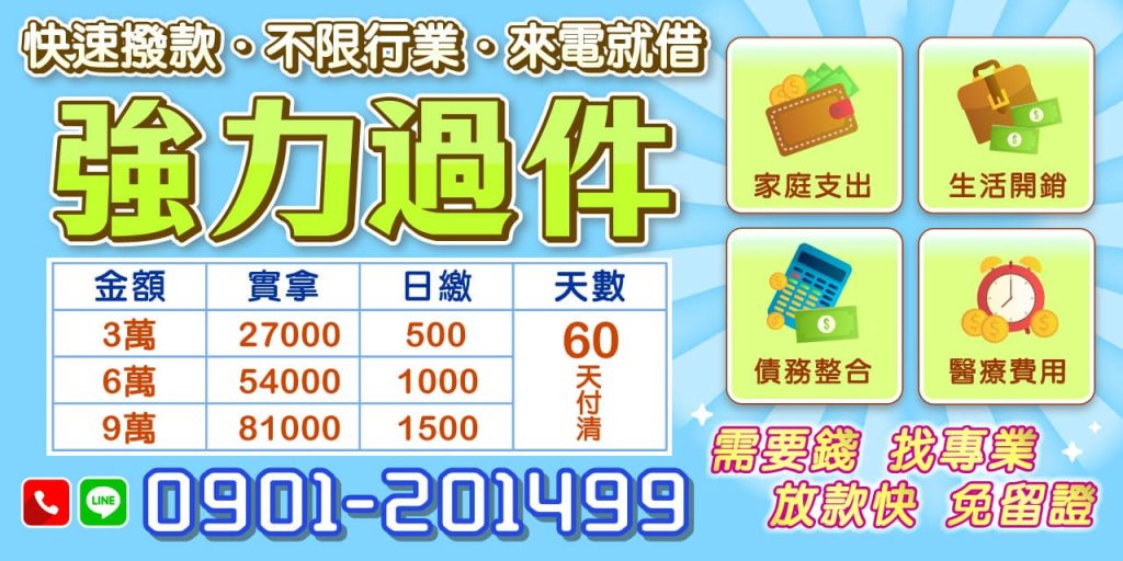 強力過件、來電就借！不限行業、不留證件、放款快速，有資金需求找專員，立即協助、當天撥款！