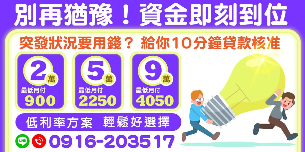 不管是突發狀況還是資金需求突如其來，【別再猶豫！資金即刻到位】提供您最快速、最直接的貸款服務！全程免手續費、免押免保，輕鬆申辦，不拖延、不繞圈！