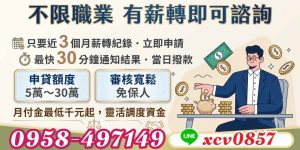 薪轉貸款輕鬆貸,只要有薪轉紀錄,免保人即可申貸5至30萬,審核寬鬆、撥款快速,月付金最低千元起,靈活資金調度一次到位,立即解決週轉煩惱。