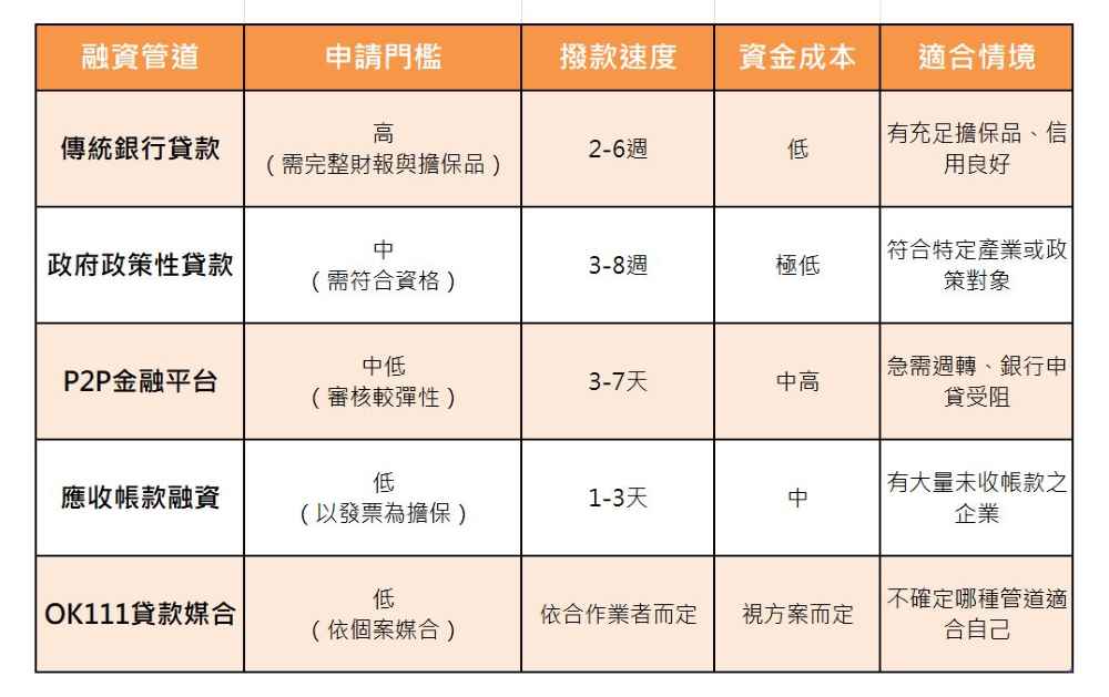 中小企業應善用多元化策略,建立不同收入來源、信用管道與資金平台備援,如結合政策貸款、P2P融資、帳款貼現等方式分散風險,讓資金結構更穩固。下表整理了不同融資管道的特性比較: