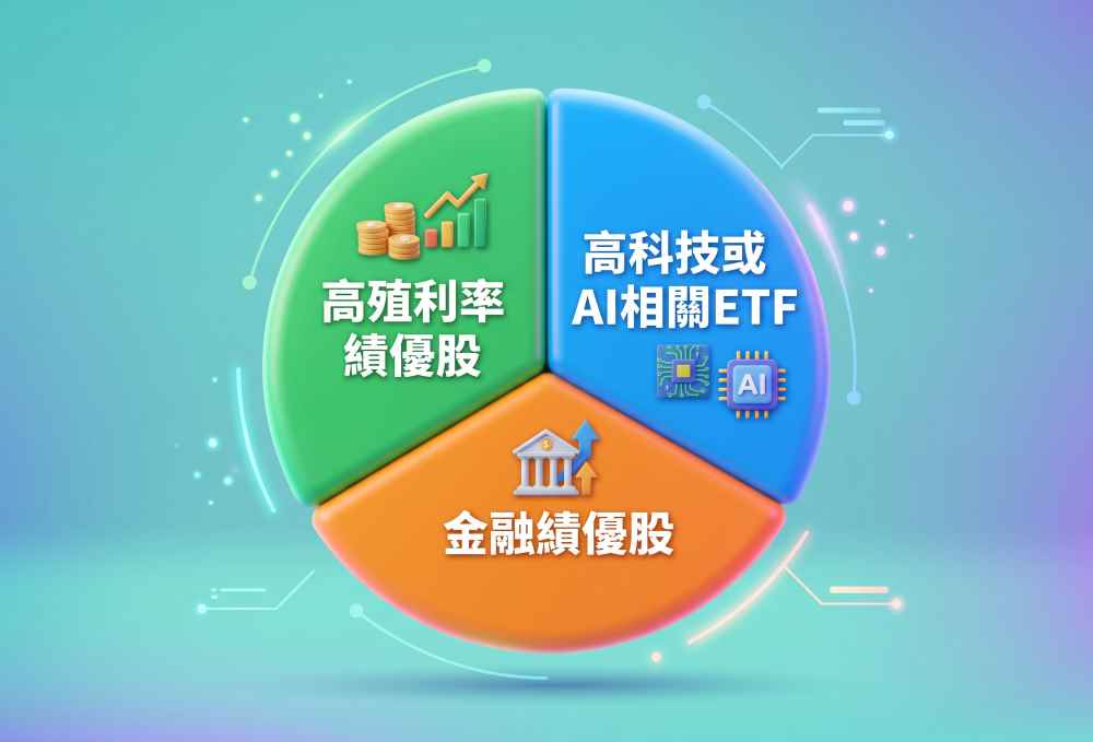投資資金三等分配置法面對當前高度不確定的市場環境,OK111建議投資人可將投資部位分為三等分,採取均衡配置策略: 第一等分:高科技或AI相關ETF(33%) • 掌握科技創新帶來的成長動能 • 透過ETF分散個股風險 • 選擇具全球競爭力的科技指數 第二等分:金融績優股(33%) • 受惠於升息循環的利差擴大 • 享有穩定的現金股利收入 • 搭配金融科技轉型題材 第三等分:高殖利率績優股(33%) • 具備穩定的現金流與獲利能力 • 配息政策明確且持續
